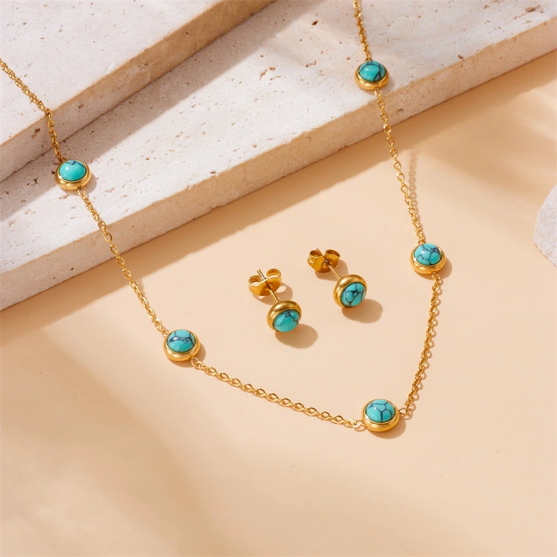 Retro All-Match Blue Turquoise Stainless Steel Jewelry Set