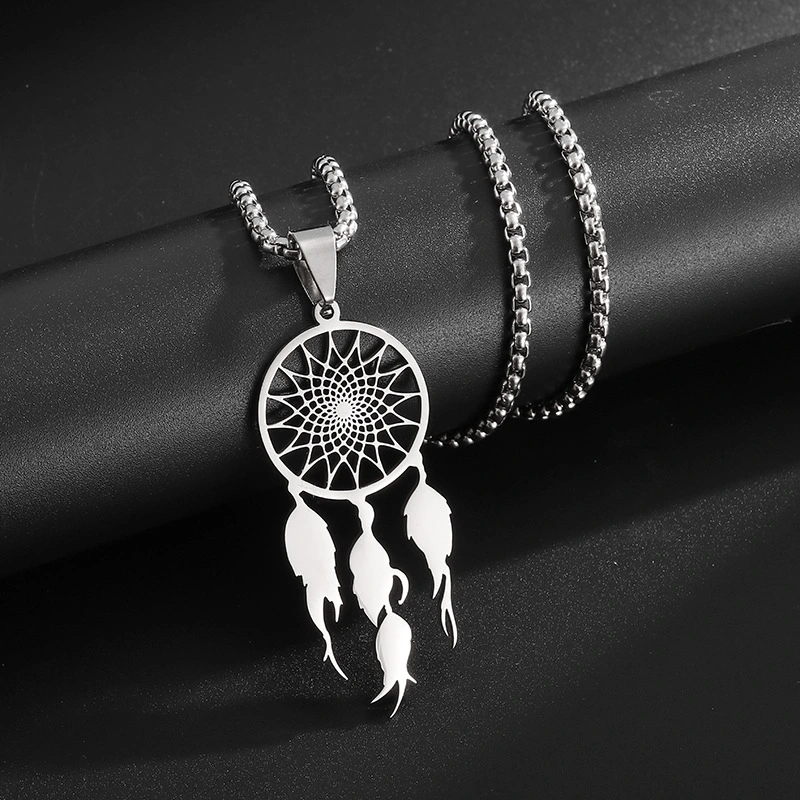 Bohemian Ethnic Stainless Steel Jewelry Tassel Feather Dreamcatcher Necklace