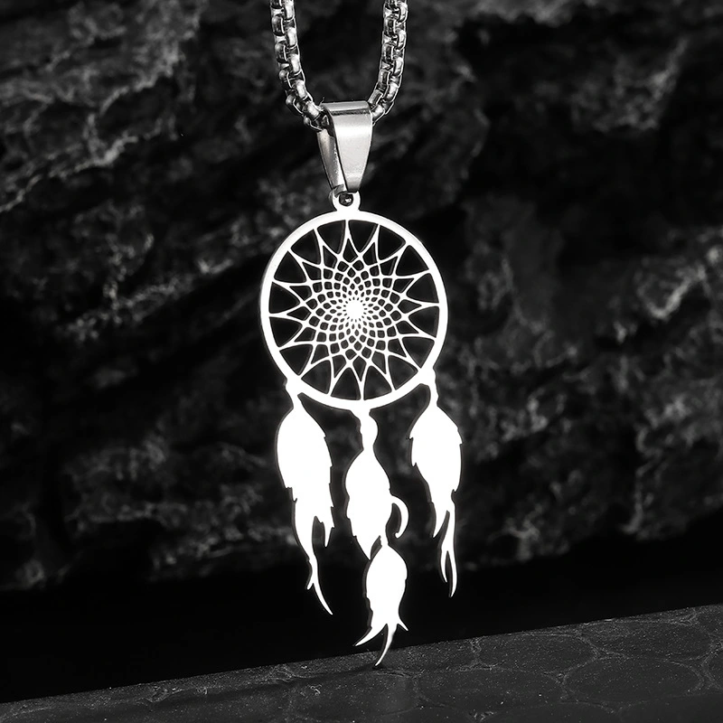 Bohemian Ethnic Stainless Steel Jewelry Tassel Feather Dreamcatcher Necklace