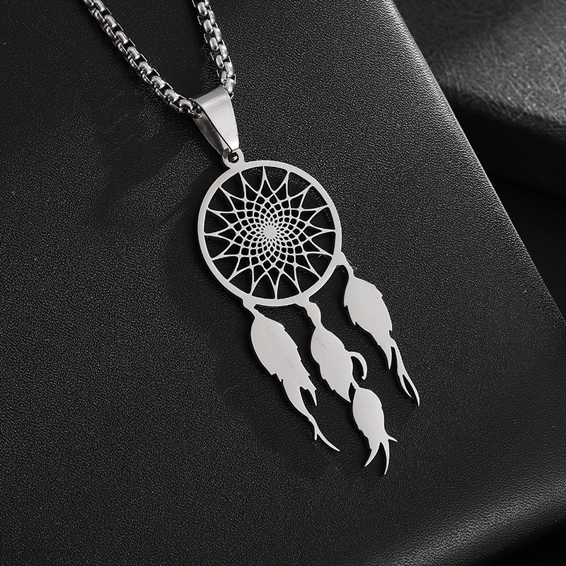 Bohemian Ethnic Stainless Steel Jewelry Tassel Feather Dreamcatcher Necklace