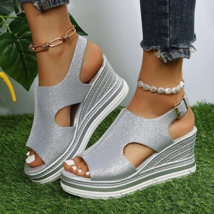 Roman Style Sloping Heel Thick Sole Hollow Fish Beak Sandals