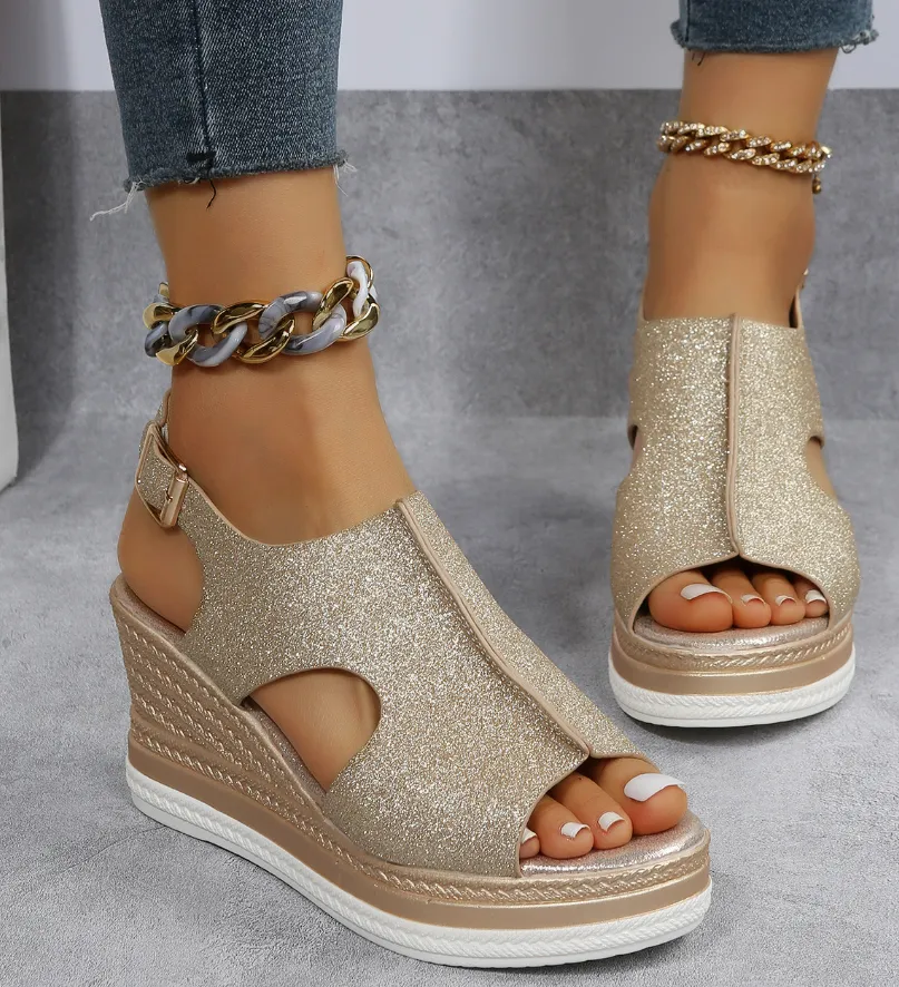 Roman Style Sloping Heel Thick Sole Hollow Fish Beak Sandals