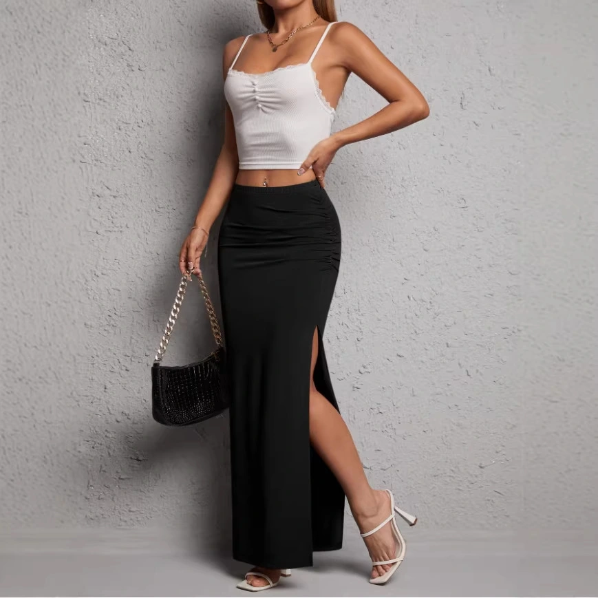 Solid-color High-waisted Elegant Pleated Slit Midi Skirt