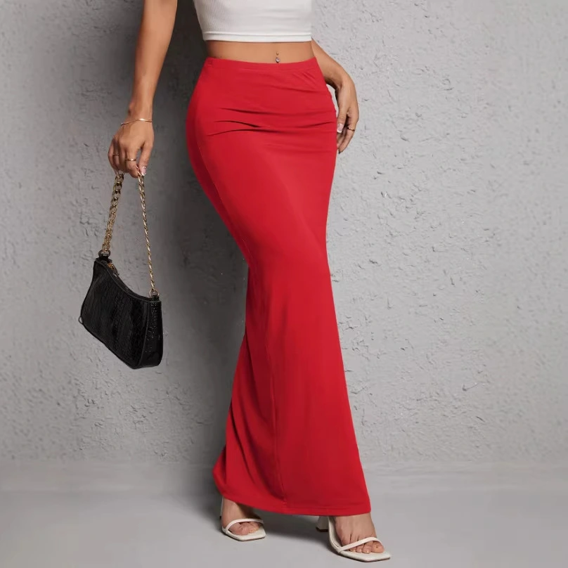 Solid-color High-waisted Elegant Pleated Slit Midi Skirt