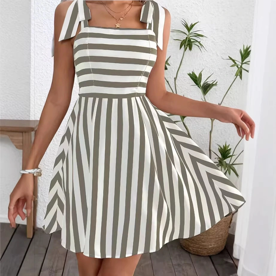 Women's Casual Striped Shoulder-Tie Sweet Camisole Dress