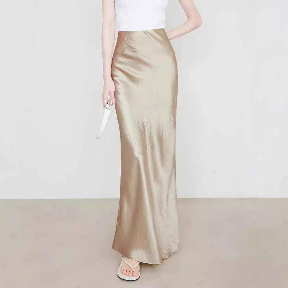Women's Satin Midi Skirt High Waist Elastic Waistband Hand-tied Tie-dye Pattern