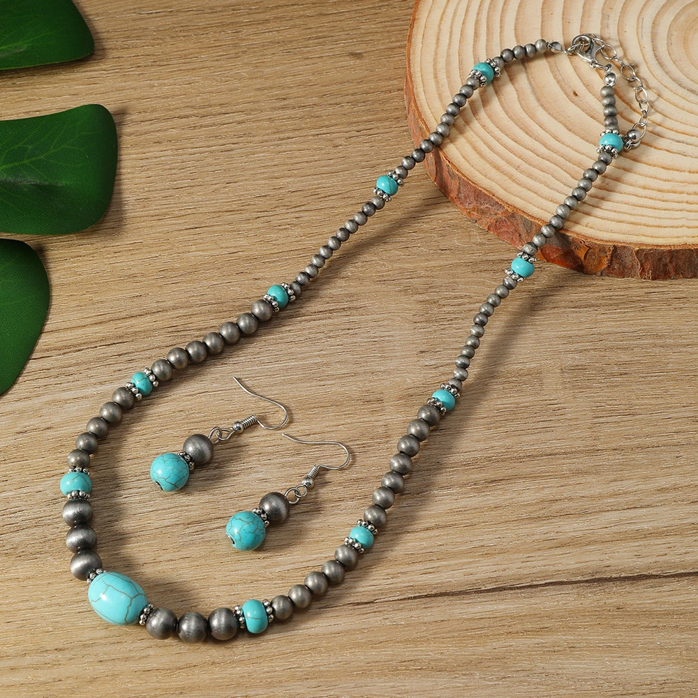 Cross-border New Earrings And Necklace 2-piece Set Fashion Turquoise Beaded Earrings And Necklace