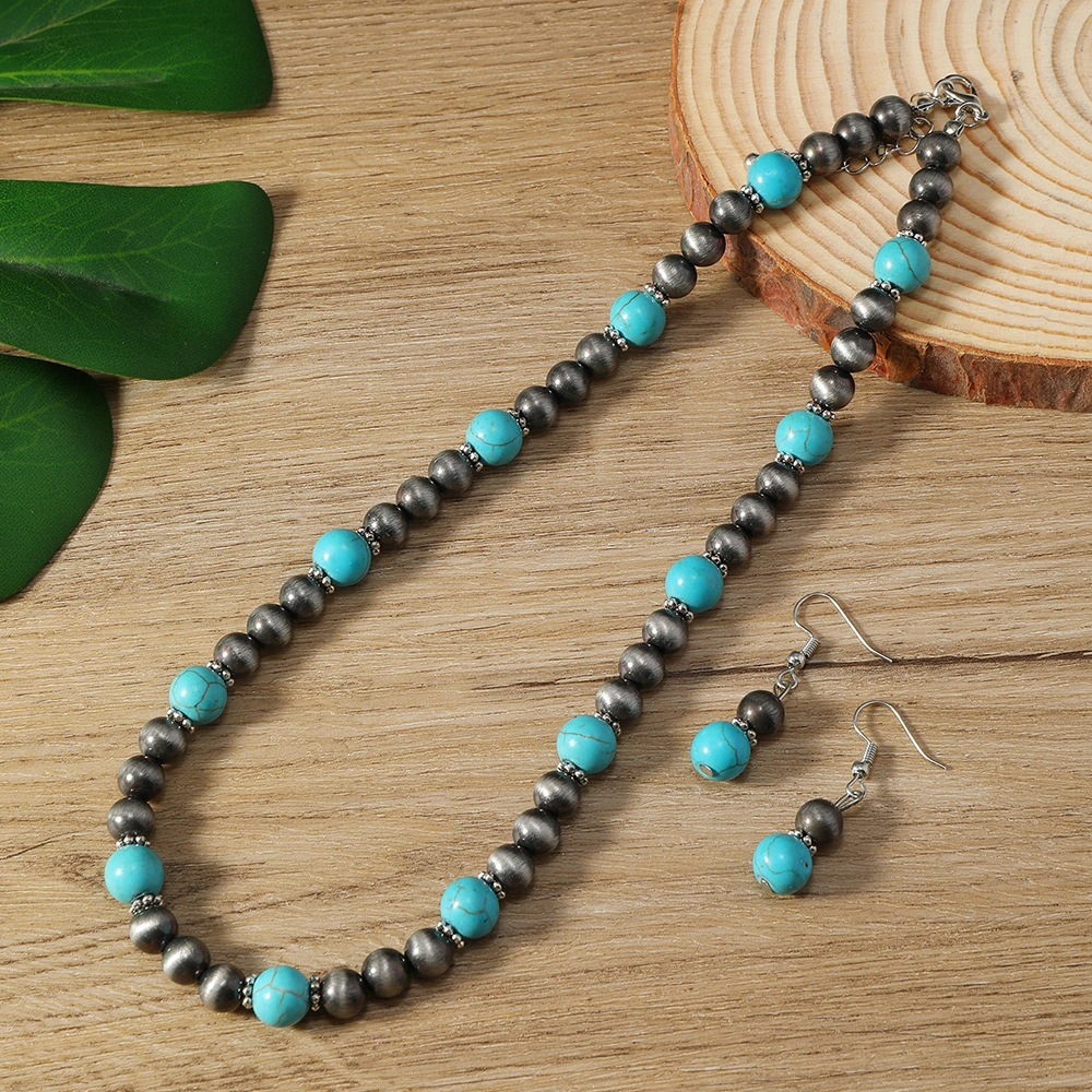 Cross-border New Earrings And Necklace 2-piece Set Fashion Turquoise Beaded Earrings And Necklace