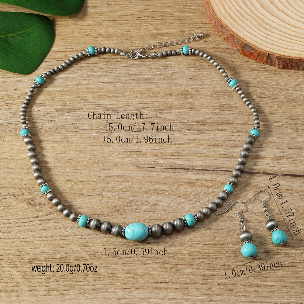 Cross-border New Earrings And Necklace 2-piece Set Fashion Turquoise Beaded Earrings And Necklace