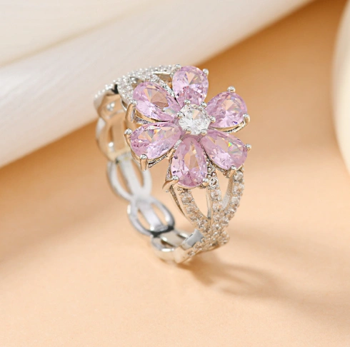 Copper-inlaid Cherry-blossom-pink Water-drop Zircon Flower Ring