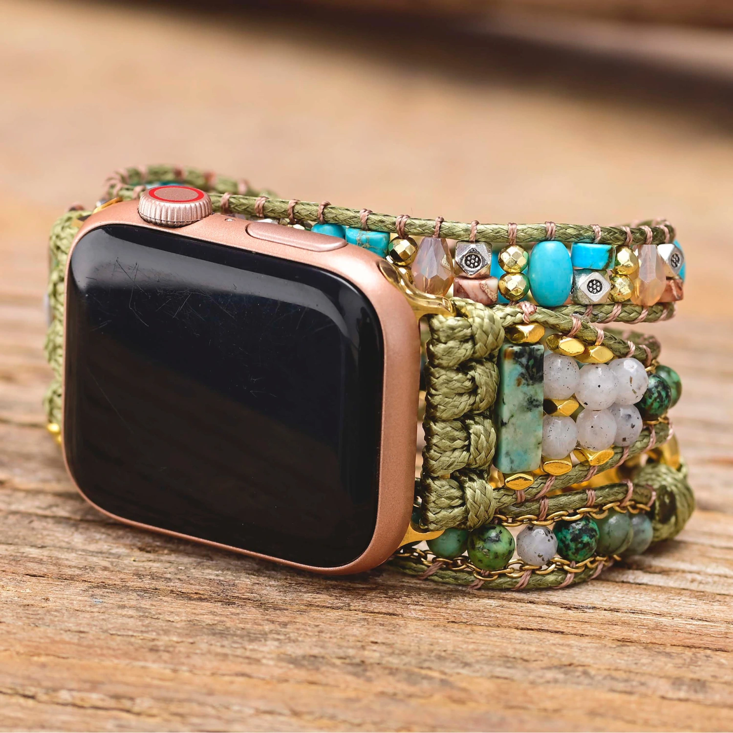 African Pine Stone Beaded Green Bohemian Style Watch Band