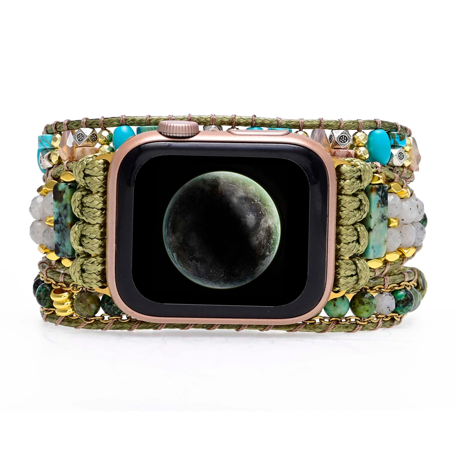 African Pine Stone Beaded Green Bohemian Style Watch Band