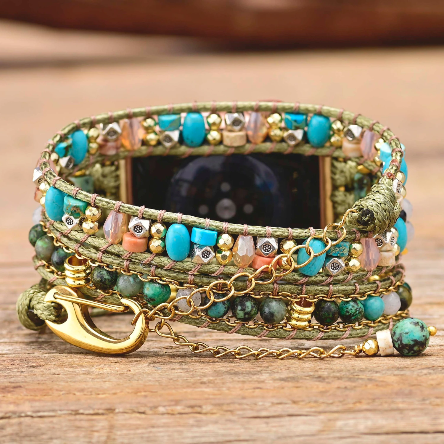 African Pine Stone Beaded Green Bohemian Style Watch Band