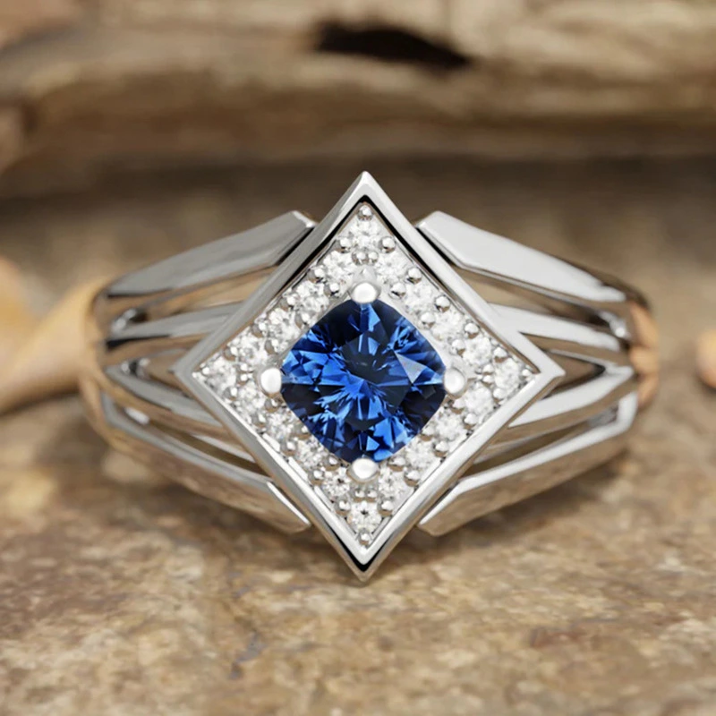 Womens Diamond-shaped Geometric Micro-pave Cubic Zirconia Multi-layer Ring