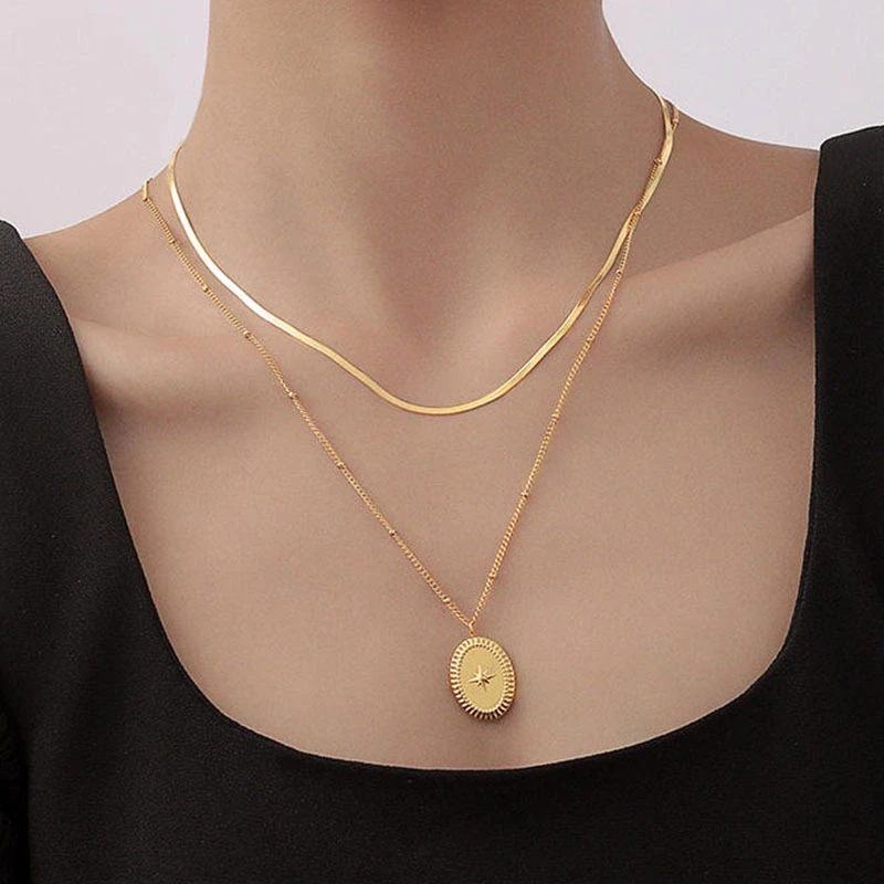 Eight-pointed Star Oval Double-layer Necklace