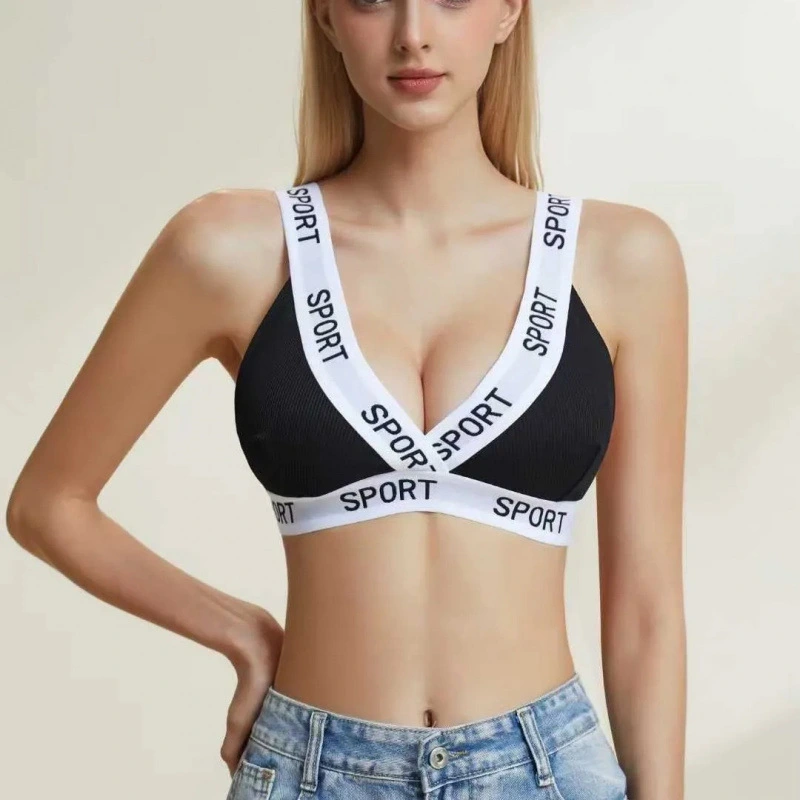 European And American-style Letter-printed Deep-V Sports Bra With Unpadded Triangle Cups