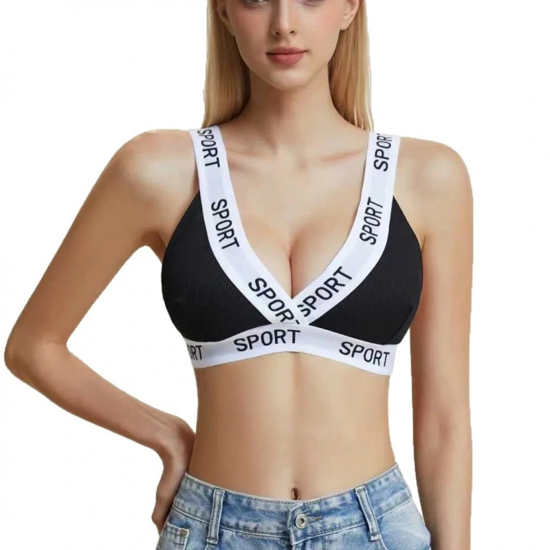 European And American-style Letter-printed Deep-V Sports Bra With Unpadded Triangle Cups