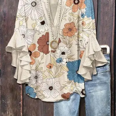 Creative Printed Casual V-Neck Lotus-Edged Top For Women