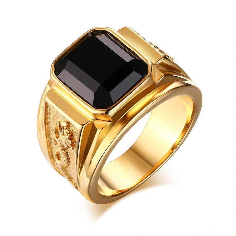 Retro Black Zircon Ring Fashionable Gold Color