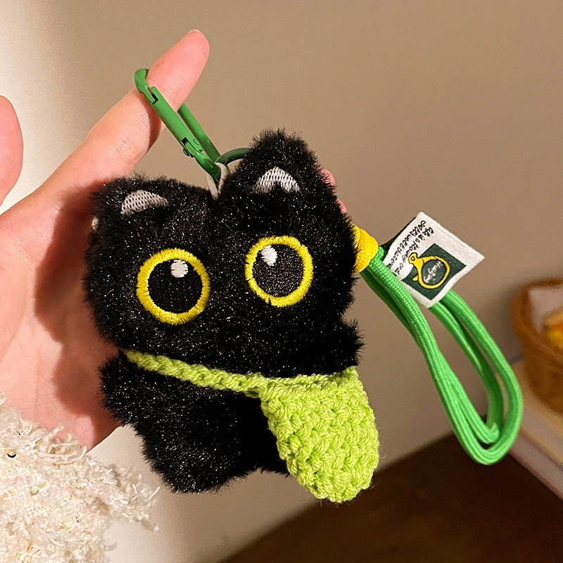 Squeaky Big-Eyed Black Cat Plush Toy Keychain