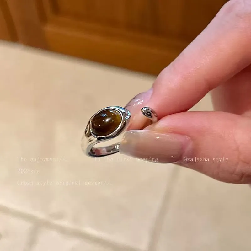 Maillard Tiger Eye Stone Adjustable Open Ring For Women, Minimalist Design Index Finger Ring, Vintage Heavy Industry Oval Band