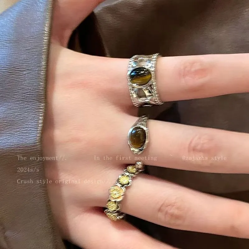 Maillard Tiger Eye Stone Adjustable Open Ring For Women, Minimalist Design Index Finger Ring, Vintage Heavy Industry Oval Band