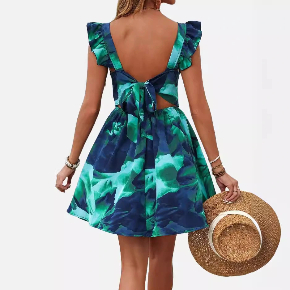 Printed Lace-up Back Backless Frill Holiday Dress