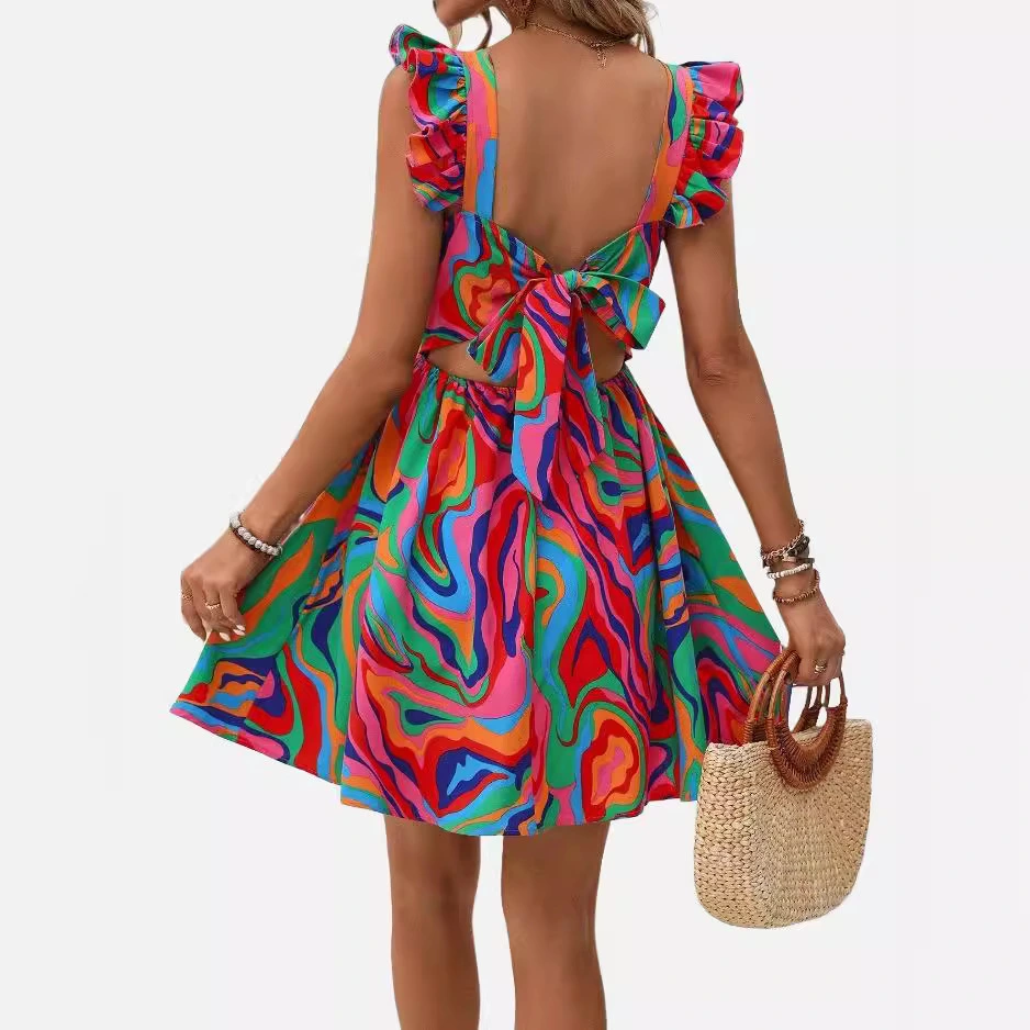 Printed Lace-up Back Backless Frill Holiday Dress