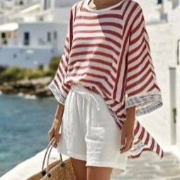 Japanese-style Vertical Stripe Ramie Bamboo Fiber Top Womens Set