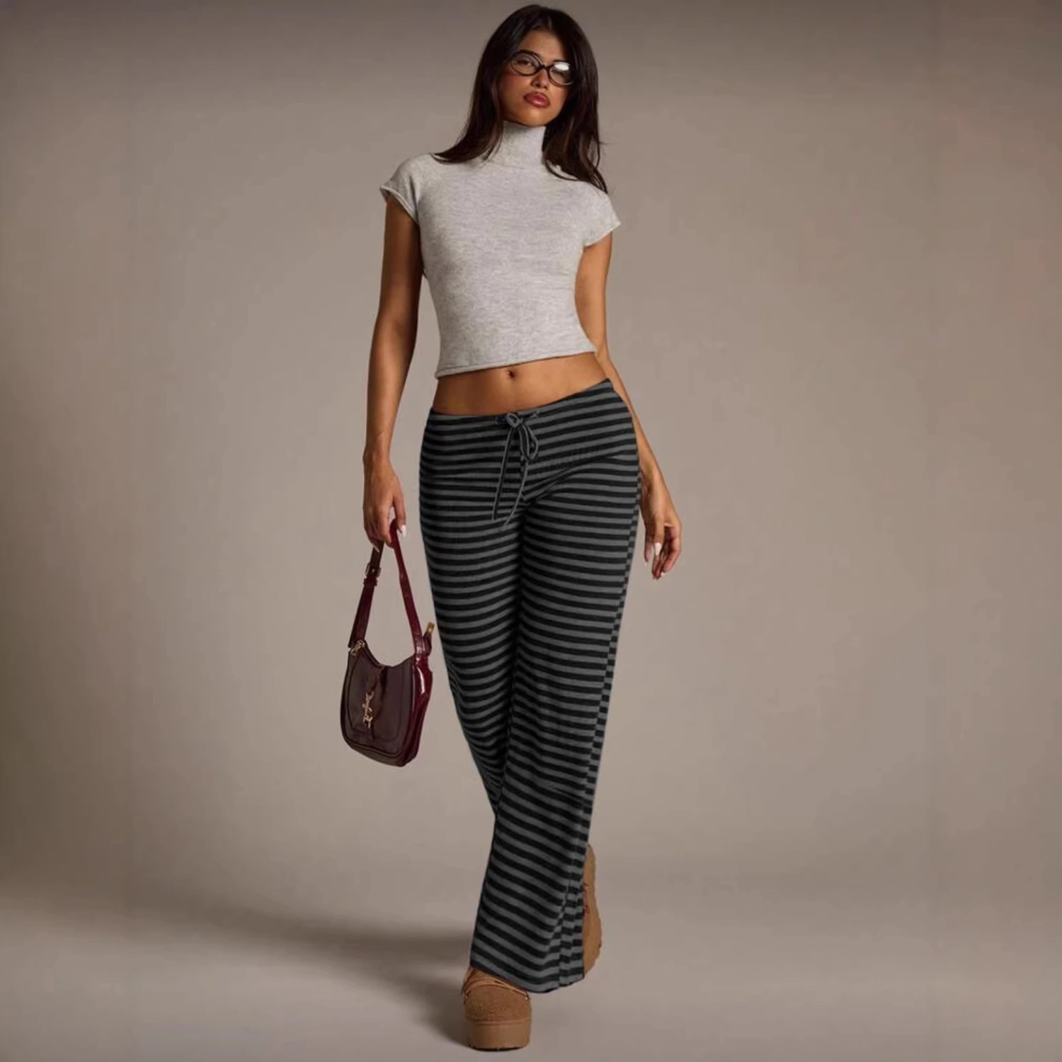 SpringSummer Womens Fashion Striped Casual All-Match Wide-Leg Flared Trousers