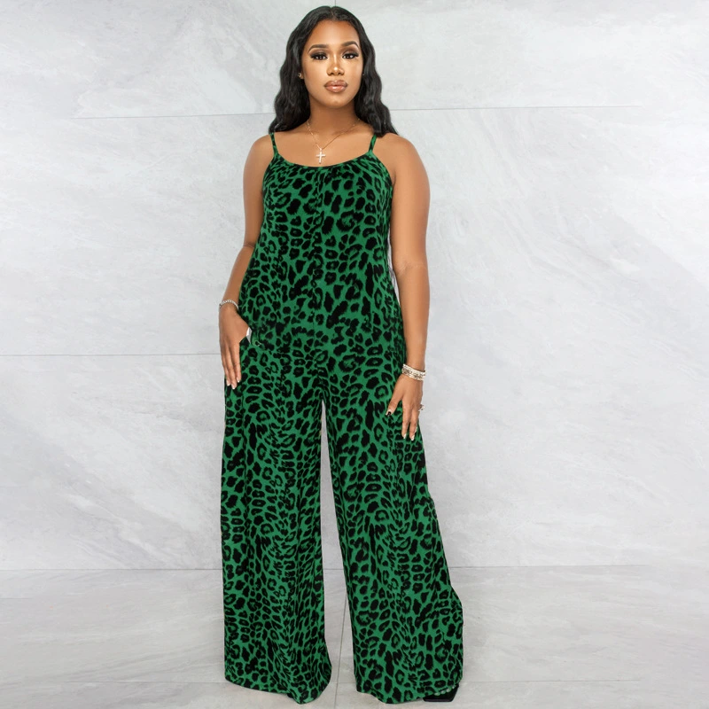 Summer Leopard-Print Strappy Casual Jumpsuit Plus Size Womens Jumpsuit