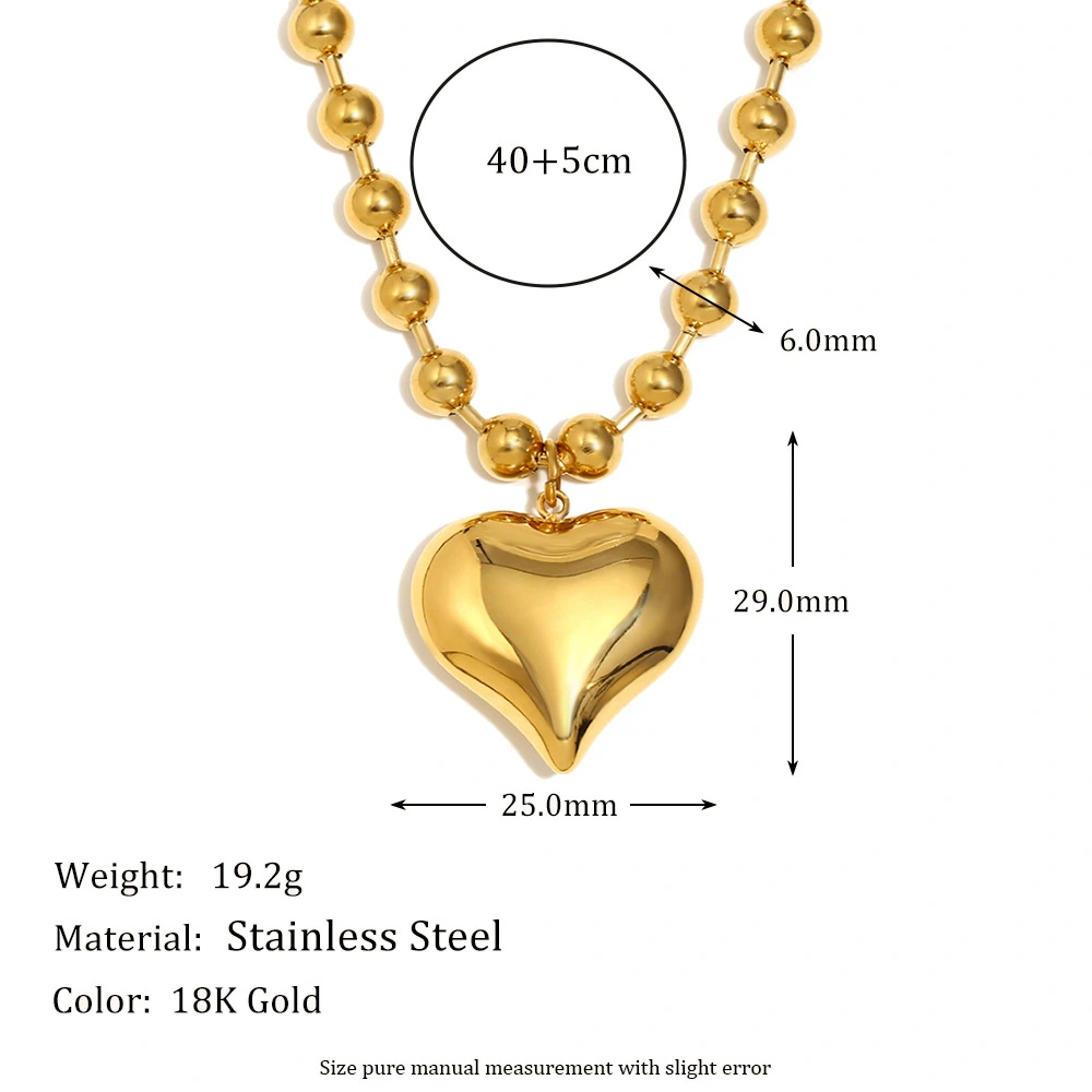 Stainless Steel 18K Gold-Plated Sweet Round Bead Heart Necklace