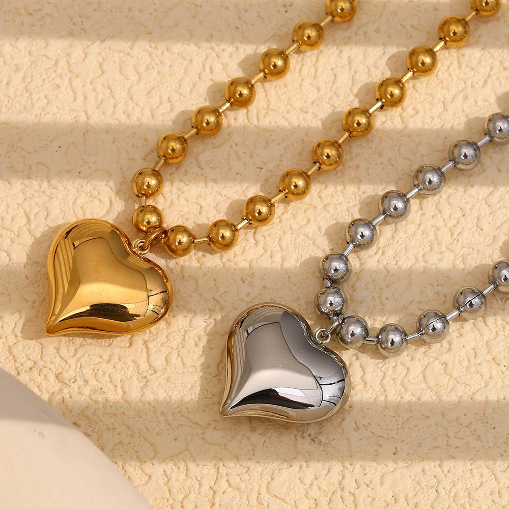 Stainless Steel 18K Gold-Plated Sweet Round Bead Heart Necklace