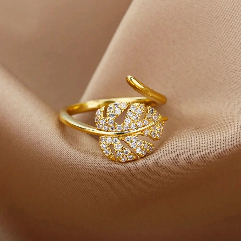 18K Gold-plated Full Diamond Titanium Steel Colorfast Open Ring For Women