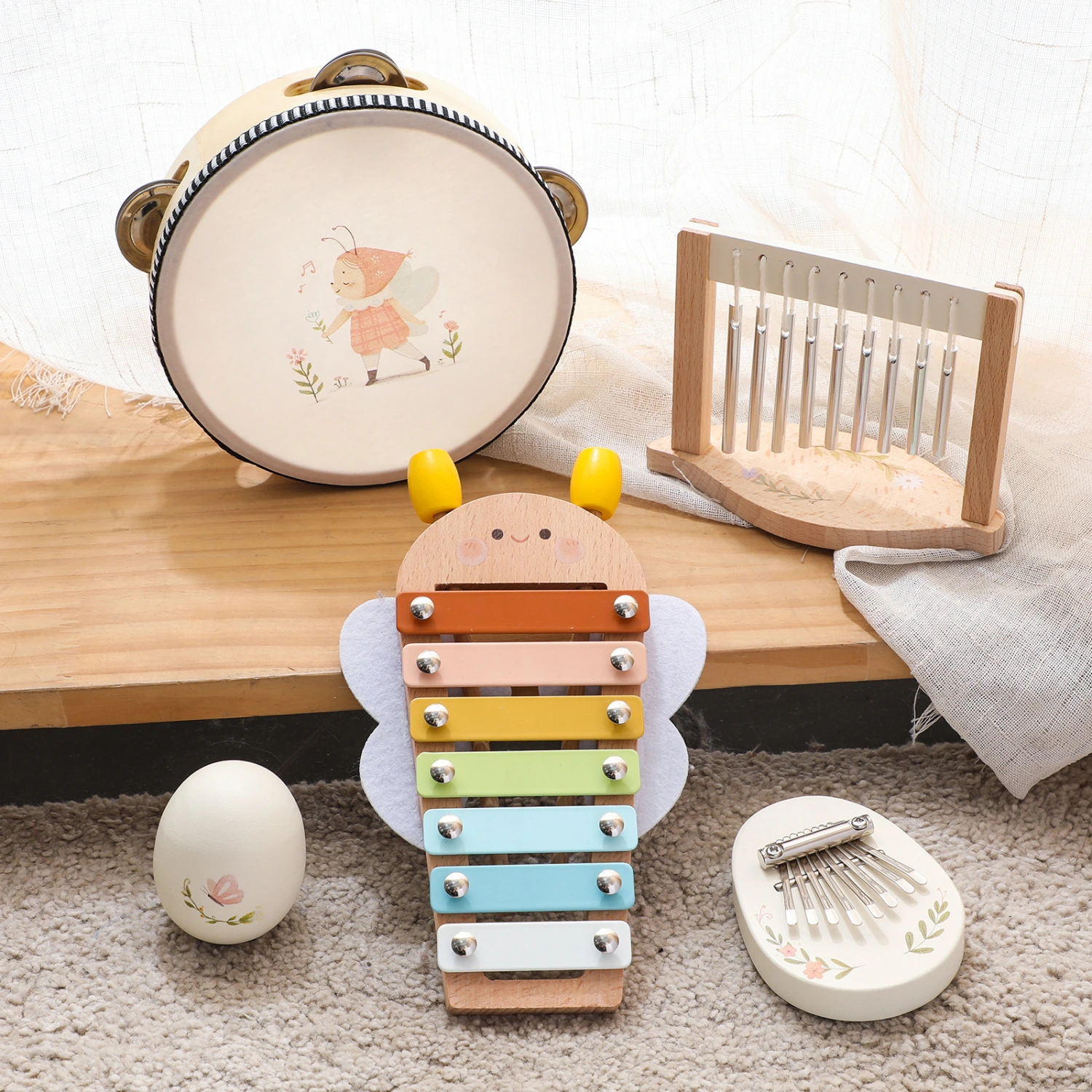Educational Multi Functional Percussion Music Set Cute Garden Flower And Bee Pattern Drum Set