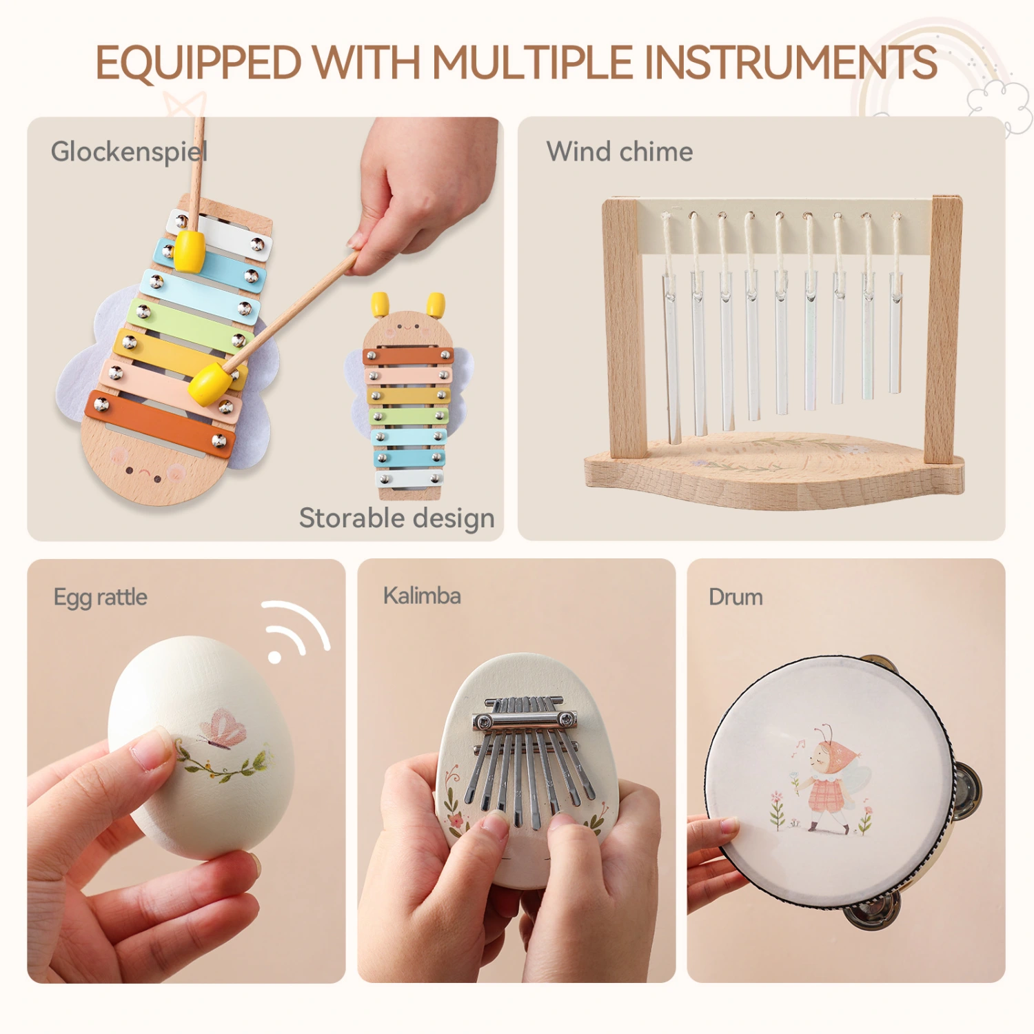 Educational Multi Functional Percussion Music Set Cute Garden Flower And Bee Pattern Drum Set
