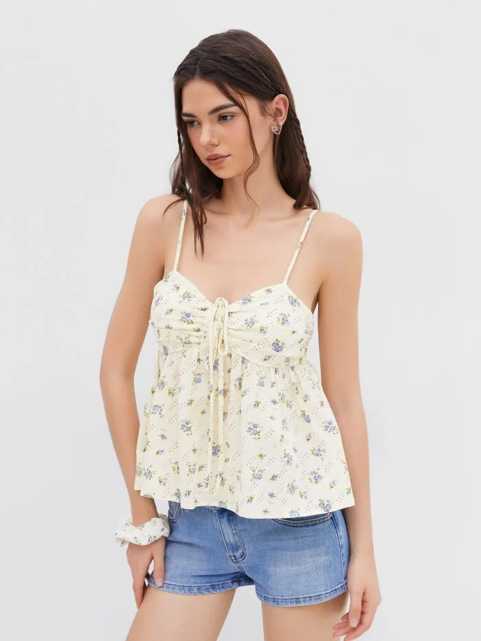 Fresh-style Top Floral-print Camisole Sweet And Versatile Spaghetti Strap