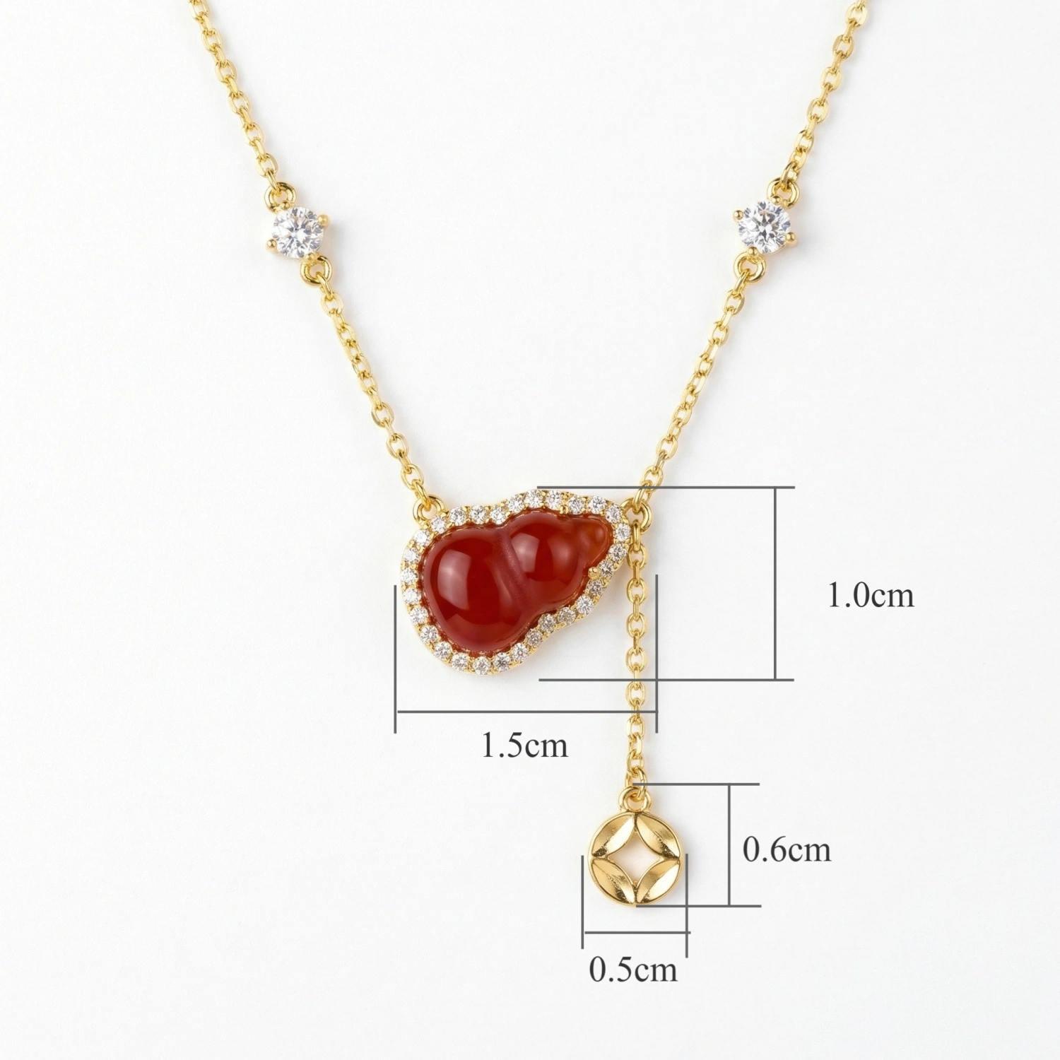 925 Sterling Silver Elegant Red Carnelian Hulu Pendant Necklace with Shimmering Accents and Coin Charm 