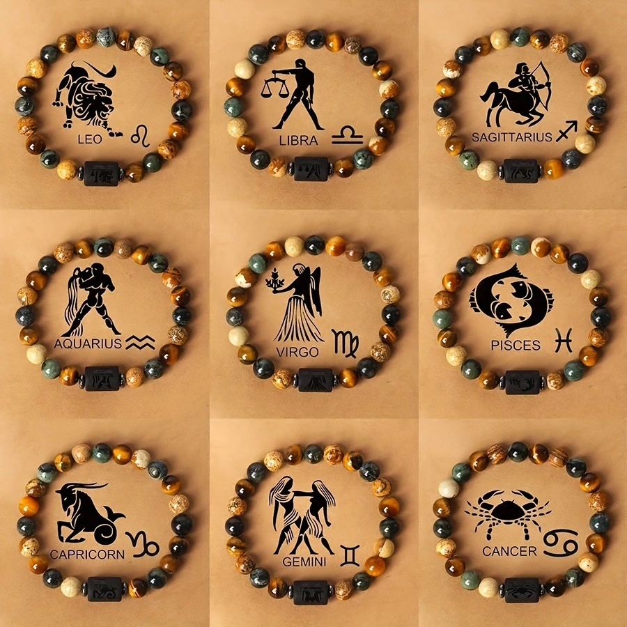 12 Zodiac Sign Natural Stone Bead Bracelet