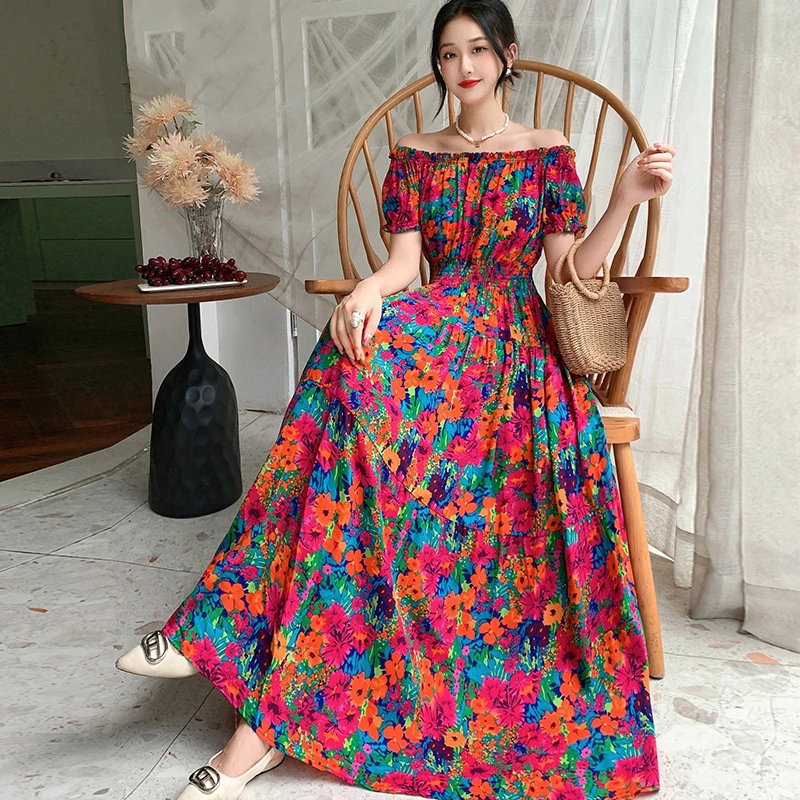 Summer Ethnic-style Elastic-waist Beach Bohemian Shoulder Dress