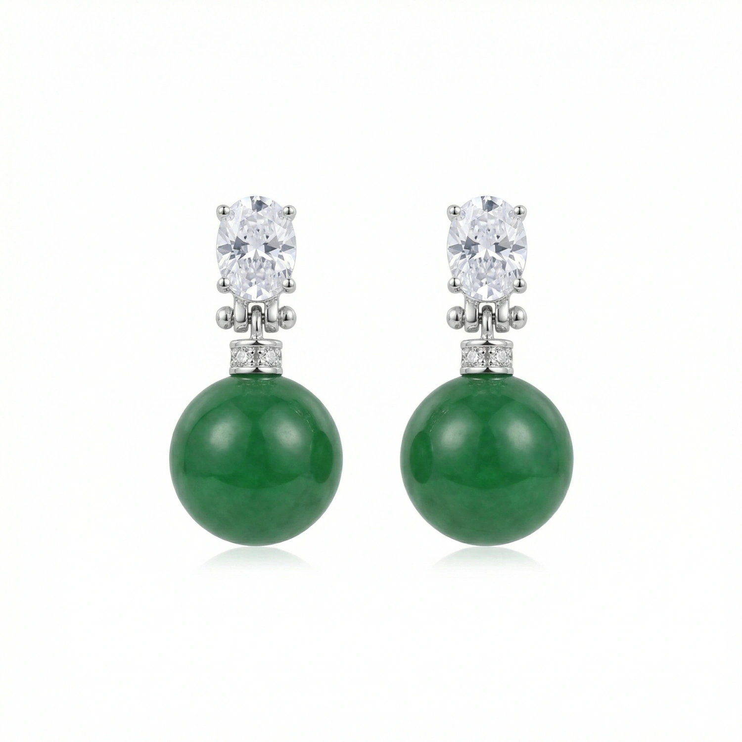 925 Sterling Silver Elegant Green Jade Drop Earrings with Sparkling Oval Gemstone Accents 
