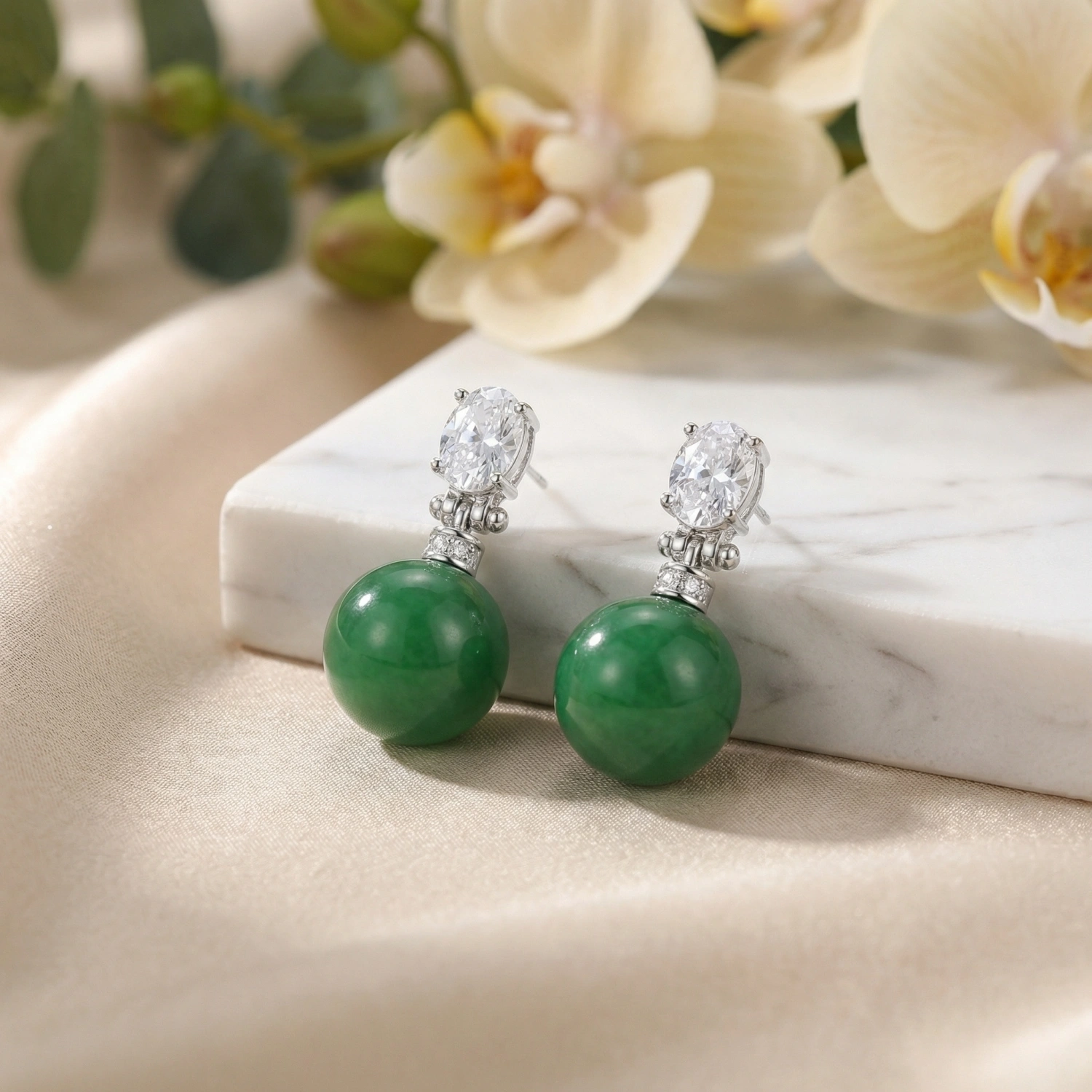 925 Sterling Silver Elegant Green Jade Drop Earrings with Sparkling Oval Gemstone Accents 