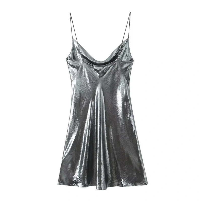European And American Fashion Low Collar Backless Metallic Sling Dress