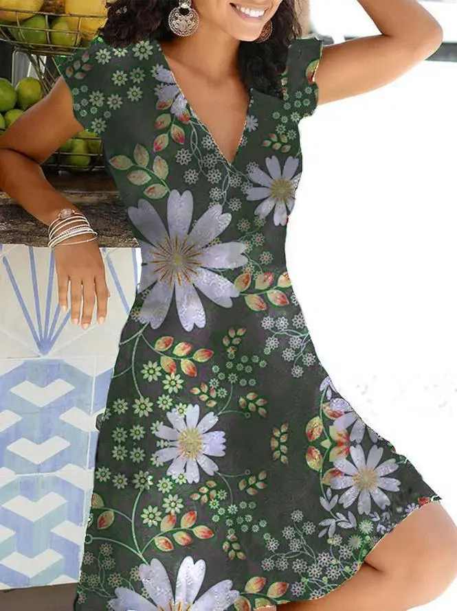 Women's Summer New Temperament Commuter Printing Waist Dress Women's Dress