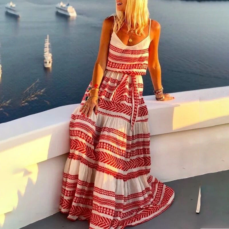 Deep V-neck Print Suspender Beach Dress