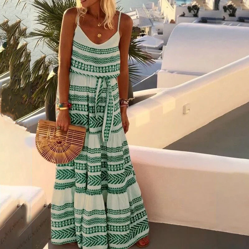 Deep V-neck Print Suspender Beach Dress