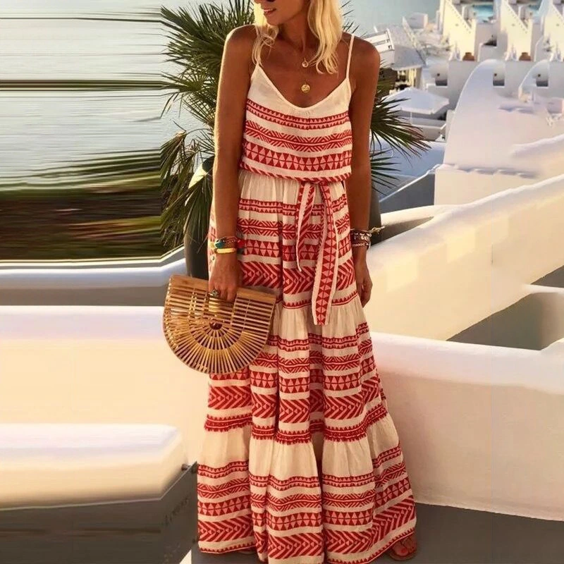 Deep V-neck Print Suspender Beach Dress