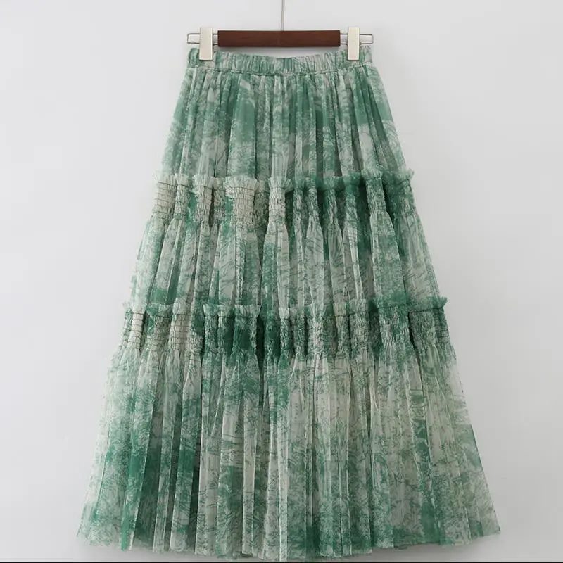 Ink Printing Skirt Elastic Waist Stitching Yarn
