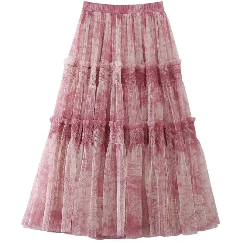 Ink Printing Skirt Elastic Waist Stitching Yarn