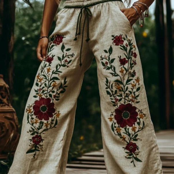 Printed Long Pants For Women Made Of Linen Versatile And Wide-leg Style